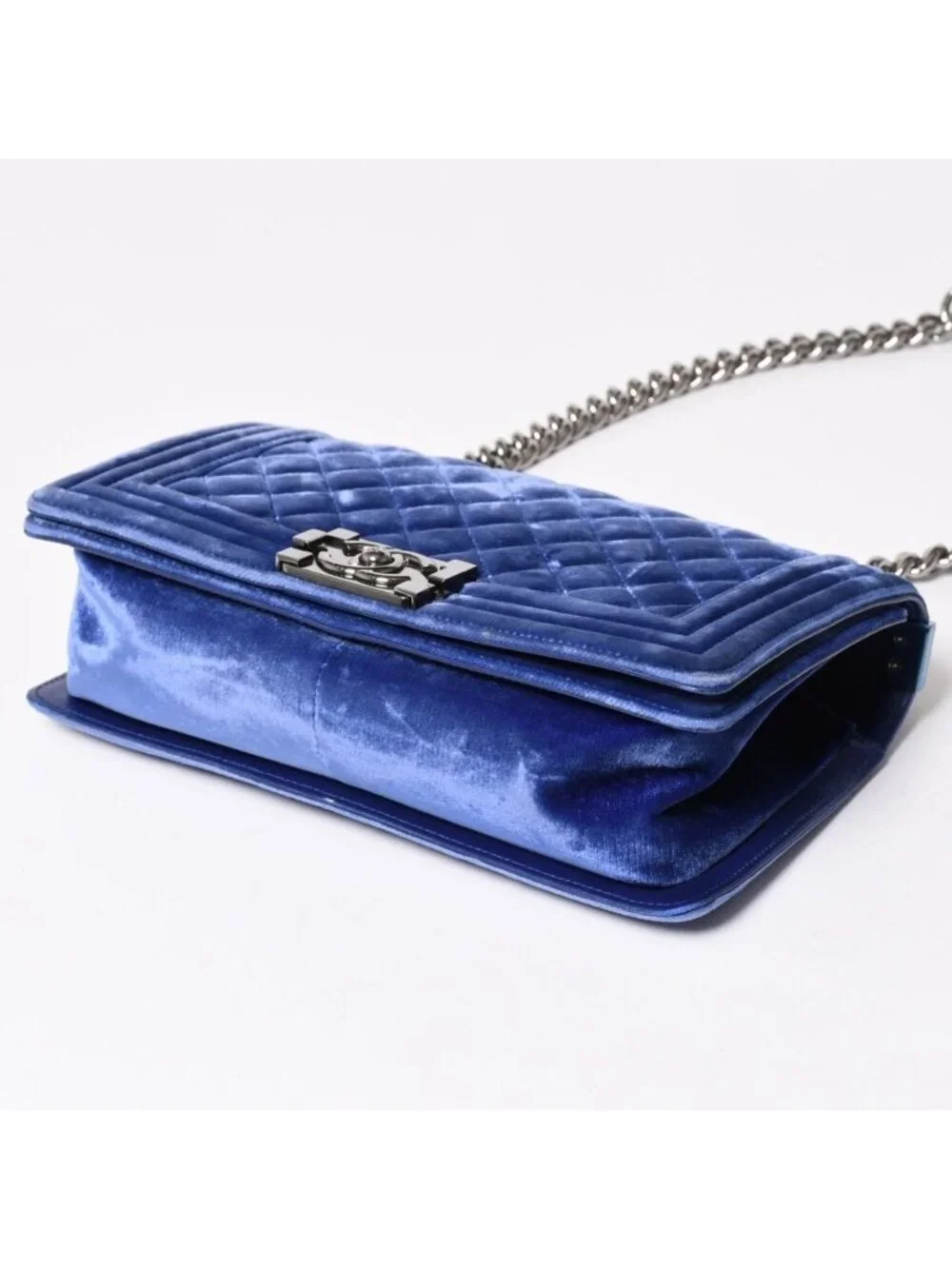 Chanel Boy Chain Shoulder Bag CC Logo Velvet Leather Blue
